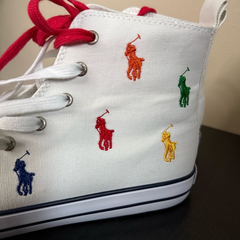 Polo Ralph Lauren Pony Print High Top Sneakers White NWT Womens 8.5 Kids 7 - Picture 7 of 11